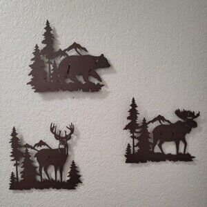 Metal wall art decor deer bear moose in the forest pine tree, 9.3inch set of 3